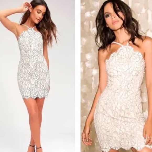 Lulus delicate darling beige and ivory lace bodycon high neck dress ❤️ - Picture 3 of 15